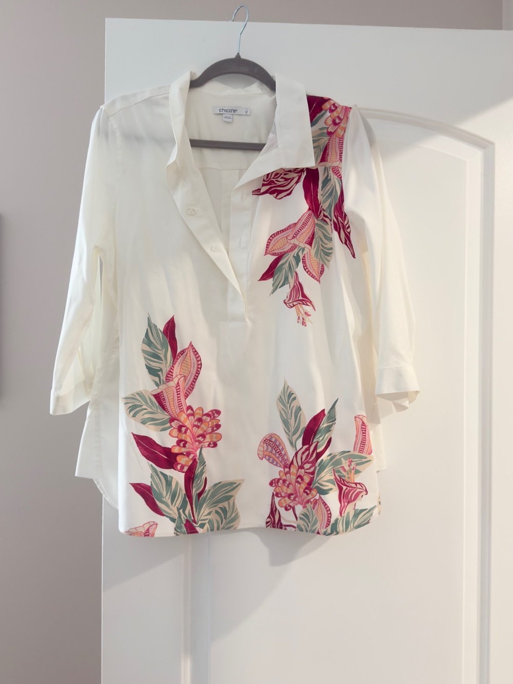 Chico's White Button-Front Floral Tunic with Pink and Green Accents